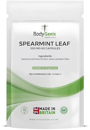 Bodygenix Spearmint Leaf Capsules - 500mg Hormonal Balance Digestive Health Fatigue & Stress Relief Support Antioxidant Formula Natural Food Supplement - 60 Capsules 2 Month Supply