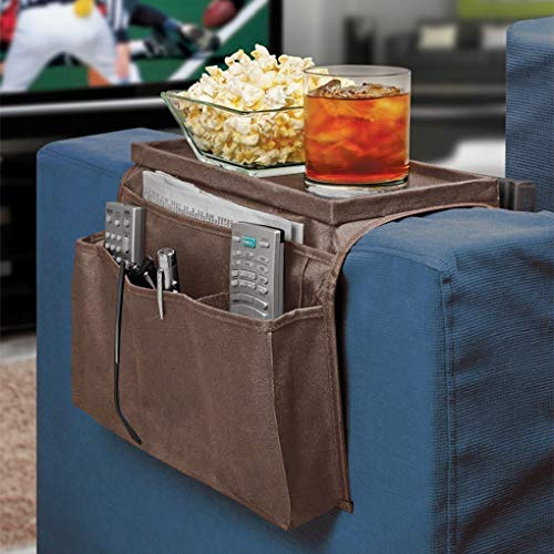 Faxianther Organizer per poltrona da divano, braccioli, borsa portaoggetti per tavolo e comodino, con snack, porta tazze da tè, vassoio per riviste, libri, telecomando, tasche per telefono