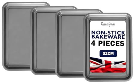Chabrias - Set di 4 teglie da forno, 32 x 22 cm, doppio rivestimento antiaderente, realizzate in Gran Bretagna
