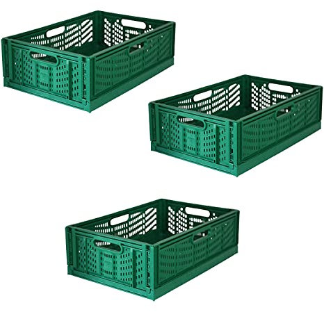 Roxform - 43L Multipurpose Folding Collapsible Storage Crate Bin (Pack of 3) - Durable Extra Strong and Foldable Plastic Stackable Box - Grated Wall Utility Basket - Green