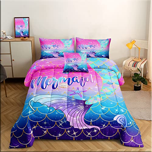ROWADALO 5 Pieces Mermaid Scale Glitter Comforter Set Fish Scale Shell Starfish Girls Bedding Set,Gradient Blue Pink Purple Mermaid Tail Bed in A Bag Twin Size Complete Set for Girls Bedroom,MRY501-T