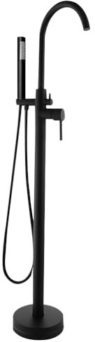 OUBUBY Bañera Mezclador de bañera negro cascada grifo independiente con grifo en el suelo, cabezal de ducha de mano mate, dos de pie, juego de ducha independiente