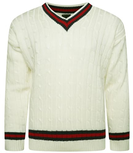 VEARZ® Unisex Mens Womens V Neck Cricket Jumper | Adults Long Sleeve Stripe Cable Knitted Golf Sweater Sportswear Pullover Sweatshirt Jersey Top Cream M