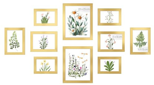 SONGMICS Set of 10 Picture Frames, Two 20 x 25 cm (8 x 10 Inches), Four 13 x 18 cm (5 x 7 Inches), Four 10 x 15 cm (4 x 6 Inches), Plastic Front, MDF, Pale Gold RPF310A01