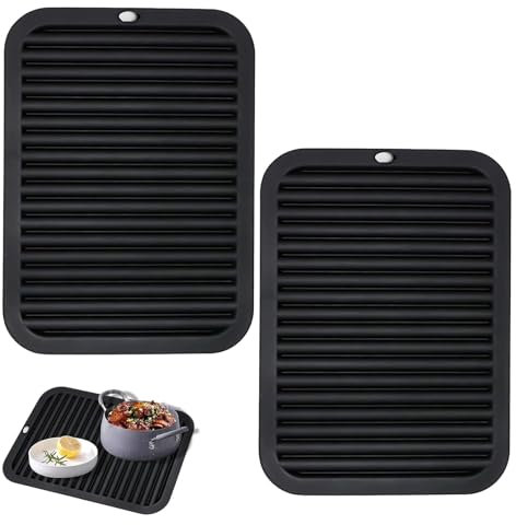 Huamirra Tappetino Scolapiatti in Silicone, Resistente al Calore Fino a 230 °C, 30 × 23 cm, Nero, Rettangolare, 2 Pezzi