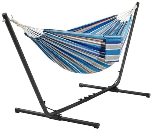 Yaheetech Amaca da Giardino Esterno con Supporto Struttura Regolabile Carica 200 kg Pieghevole Portatile con Borsa di Trasporto in Ferro Poliestere e Oxford per Piscina Campeggio Strisce Blu-Rossa