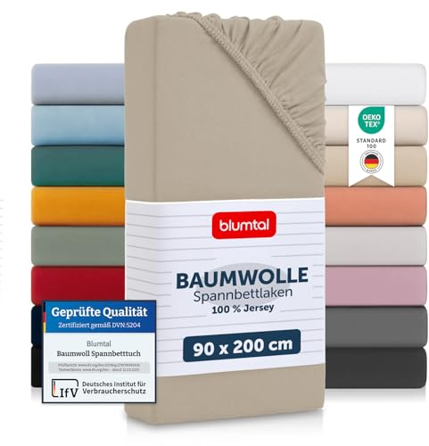 Blumtal® Baumwolle Spannbettlaken 90x200 cm Basics Jersey - Oeko-TEX zertifiziertes Spannbetttuch 90x200 cm - Bettbezug - Leintuch - Taupe