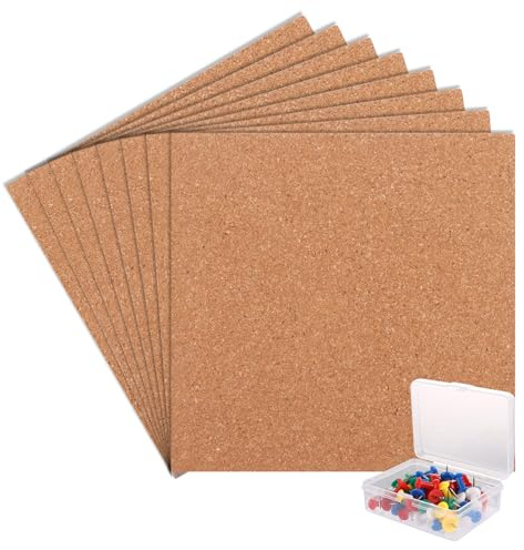 ASelected 8 Pcs Square Cork Boards,Thick Self-Adhesive Corks Board for Walls,Tiles Bulletin Boards with 60Pins,Cork Board Tiles for Pictures, Photos, Drawing, for Office, Home, School, Bedroom