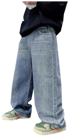 Siehin Pantalon de Jeans pour Garçons avec Ceinture Élastique Enfants Printemps-Automne Denim Pantalon Baggy Cargo, bleu, 152