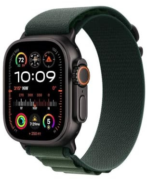 Apple Watch Ultra 2 (49 mm GPS + Cellular) Montre de Sport connectée avec Boîtier en Titane Noir et Boucle Alpine Vert foncé (Large). Suivi de l’activité, GPS Haute précision, Neutre en Carbone