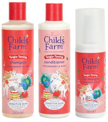 Childs Farm Kids Tangle Taming Hair Regime Bundle | Tear Free Strawberry & Organic Mint Shampoo (250ml), Conditioner (250ml) and Hair Detangler Spray (100ml) | Suitable for All Hair Types - 3 Pack