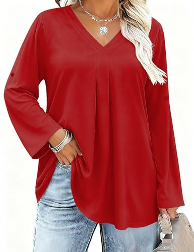 IECCP Camicetta da Donna, Maniche a 3/4 Arrotolate, Scollo a V, Camicette Plus Size, Stile Casual, Camicia a Manica Lunga, Tunica Comoda (1X-5X), Rosso, 3XL