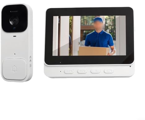 Videodörrklocka med skärm, 4,3 tums HD-skärm, trådlöst intercom-system, ingen borrinstallation, lång batteritid, för hem och trädgård (vit)
