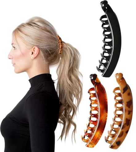 3 Pinzas de Pelo Banana, Doble Peine con Fuerte Sujeción para Cabello Grueso, Mujeres y Niñas (Negro Brillante, Ámbar Café, Carey Brillante)