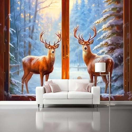 Papel tapiz fotográfico 200 x 140 cm Revestimiento de paredes decoración de salón Diseño Invierno Natural Renos para dormitorio, sala de estar, papel tapiz no tejido, decoración de pared, Azul