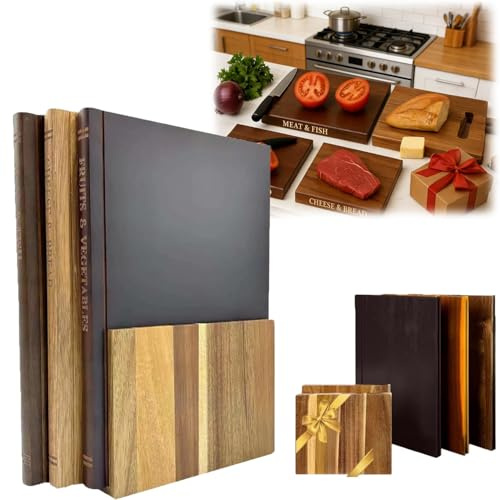 Set da 3 Taglieri Cucina a Forma di Libro, Double-face Tagliere in Legno con Supporto, Adatto Alla Lavastoviglie Tagliere da Cucina, Taglieri da Cucina per Pane, Salami, Aperitivo