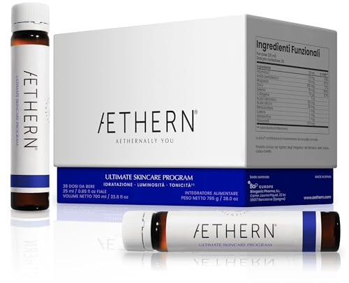 AETHERN Ultimate Skincare Program - Integratore Liquido con Collagene + Acido Ialuronico per la Pelle. Pronto da Bere. Supporta Idratazione, Tonicità, Luminosità. 28 Fiale