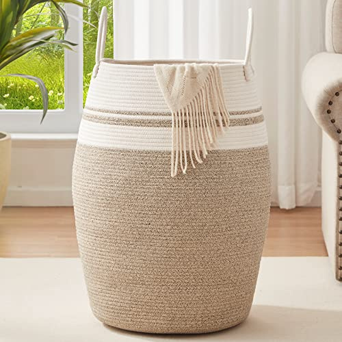 OIAHOMY Laundry Hamper Woven Cotton Rope Large Clothes Hamper 25.6 Height Tall Laundry Basket with Extended Cotton Handles for Storage Clothes Toys in Bedroom, Bathroom, Foldable (Yellow variegated)