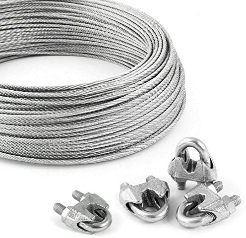 DQ-PP stållina SET | 3 mm 6 x 7 medium mjuk | Förzinkad av stål | Byte 3 mm | Spänningslås kroköglor M5 | linsklämma bygel 3 mm | ledtråd för rankhjälp rep stål tråd skogsrep vindrep spännlina 50m Set 1