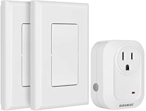SURAIELEC Wireless Wall Switch Remote Control Outlet, No Wiring, 100ft RF Range, Pre-Programmed, Expandable Wireless Light Switches for Plug in Pendant Light, Lamp (2 Wall Switches and 1 Receiver)