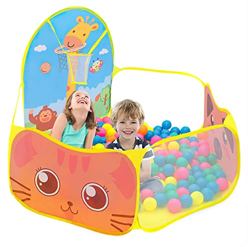 Ruspela Tenda da gioco per bambini, automontante e pieghevole, con motivo stile cartone animati, con piscina per palline e canestro da basket, colore: giallo