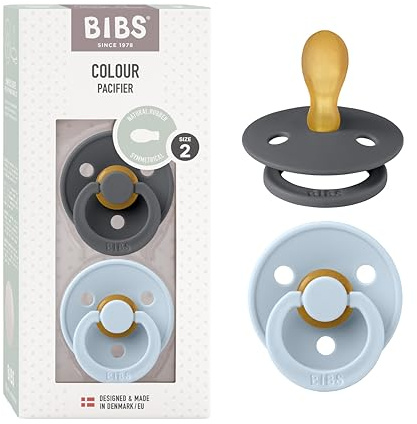 BIBS Colour Symmetrical Soother 2-Pack, BPA Free Dummy Pacifier, Symmetrical Nipple. Natural Rubber Latex, Made in Denmark. 6-18 Months (Pack of 2), Iron/Baby Blue