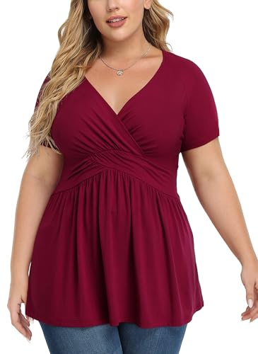 TIANZHU Tops de talla grande para mujer Vestido de bebé tipo envoltura con cuello en V, blusa elegante, túnica suave, XL-4XL, XXL
