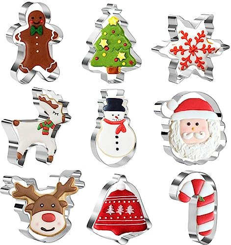 Christmas Cookie Cutter Set,9 PCS-Snowflake,Gingerbread Man,Christmas Tree,Snowman,Reindeer Head,Bell,Santa Face,Reindeer,Candy Cane Stainless Steel Cookie Cutter