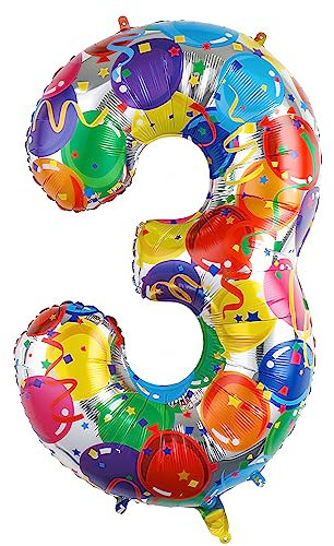 Ponmoo 40 Zoll Foil Luftballon Zahl 3 Mehrfarbig (101cm), Aufblasbares Helium oder Luft, Riesige Folienballons Nummer 0-100, Große Ballones für Hochzeitstag und Geburtstag Party Dekoration
