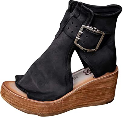 SYDUZAX Wedge Sandals for Women Open Toe Roman Sandals Faux Leather Platform Summer Sandals Comfort Walking Shoes High Heeled Non-slip Thick Bottom Boots Shoes Hiking Traveling Sandals