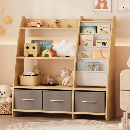 KEEPREAPER Kinderregal mit 3 Aufbewahrungsboxen, Bücherregal Kinder aus Holz mit 4 Ablage & 3 offnen Fächern, für Kinderzimmer, Spielzimmer, 91x38x92cm(Natur-B)