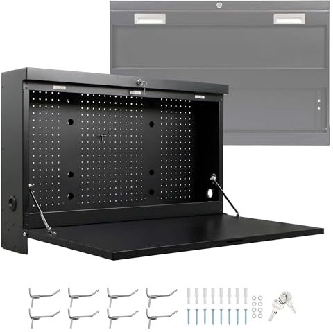Wiltec Werkbank zur Wandmontage bis 50 kg, klappbare Werkzeugbank 91,2 x 69 x 61 cm mit Lochplatte als Rückwand, abschließbarer Werktisch mit 2 Schlüsseln