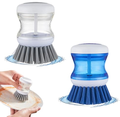 Soap Dispensing Palm Brush, 2PCS Multifunctional Pressing Cleaning Brush, Washing up Brush with Liquid Dispenser for Dishes Pot Pan Sink Cleaning