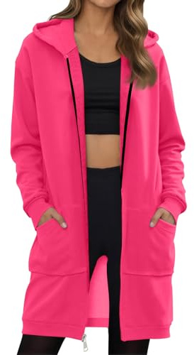 Übergangsjacke Damen Lang Leichte Sweatjacke Mit Kapuze Reißverschluss Oversize Langarm Kapuzenjacke Zip Hoodie Jacke Strickjacke Fleecemantel Dünn Langarm Damen Jacke(A05 Hot Pink,XXL)