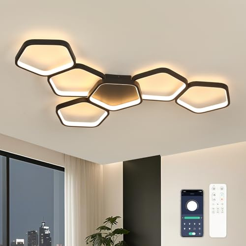 Kuwork Lampara Techo Salon Regulable: 58W 3000k - 6500k Plafon LED Techo Moderna con Control Remoto y App para Dormitorio Cocina Comedor,Negro(90CM)