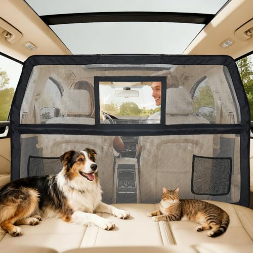 AIOWZZY 50 Pet Dog Car Barrier with Removable Visual Window, Pet Barrier for Car Escape-Proof, Back Seat Divider & Cargo Area Gate, Durable Dog Net for Car, Ideal for Trucks, SUV & Mid-Sized Vehicle
