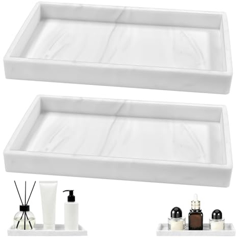 TAIVIN 2 Pcs Bathroom Tray,White Marbling Silicone Vanity Tray,20x10x2 cm,Rectangular Platter,Suitable for Bathrooms,Kitchens,Dressing Tables and Home Decor