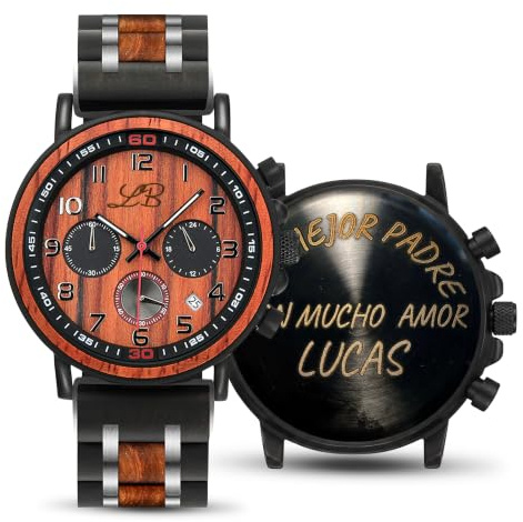 Reloj Madera Personalizado Hombre-Grabado Perdonalizable Regalo Boda Cumpleaños o Momento Especial Artesanal Movimiento Japones Cristal Durolex Resistente Agua Elegante Exclusivo