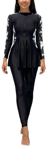 Odizli Modest Swimwear Women Burkini Swimsuits for Ladies Muslim Islamic Swimming Costume Full Body Long Sleeve Floral Zipper Top + Swim Pants Rash Guard Wetsuit Bathing Suit Black White L