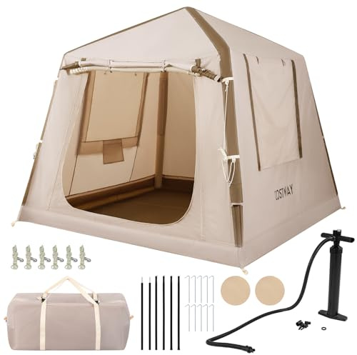 COSTWAY Tienda de Campaña Inflable para 2-4 Personas, Tienda de Campaña con Ventanas de Malla y Puerta, Bolsa de Transporte, 210 x 210 x 180 cm, Oxford Impermeable, Montaje Fácil con Bomba