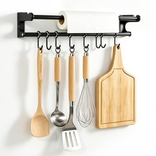 Feirdhoo Barre à crochets de cuisine 40 cm, à coller ou à percer, montage bidirectionnel, barre pour ustensiles de cuisine avec 8 crochets, barre de cuisine multifonctionnelle pour spatule et cuillère