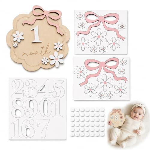 Wooden Baby Milestone Cards, Floral ＆ Bow Design Replaceable Number Milestone Baby Cards, Double Sided Baby Monthly Milestone Cards, Newborn 0-12 Month Photo Props, Baby Gift for Baby Growth Record