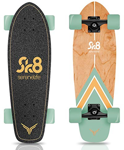SereneLife Mini Cruiser Skateboard for Kids, Teens, and Adults - Lightweight Penny Board with Double Warped Design, Non-Slip Grip Tape Surface, 28x8x5 IN, Durable Canadian Maple & Bamboo Deck (Green)