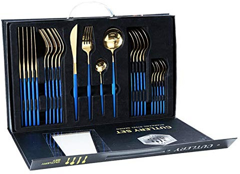 rismart Edelstahl 24 Teile Besteck Set Silberbesteck mit Messer, Kaffee Suppe Teelöffel, Gabeln Gold Blau