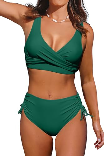 Beachsissi baddräkter med hög midja, bikiniset med korsade band, 2-delad baddräkt med snörning, gRÖN, M