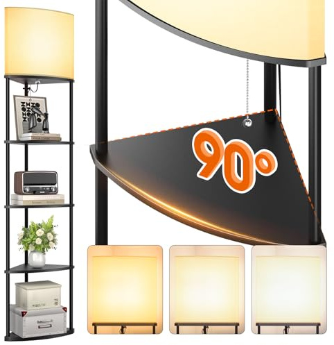 addlon Floor Lamp with Shelves, 5-Tier Adjustable Corner Lamp with 3 Color Temperatures & Linen Shade, Modern Floor Lamps for Living Room, Home Office & Bedroom (E26 LED Bulb Included, 800lm) - Black