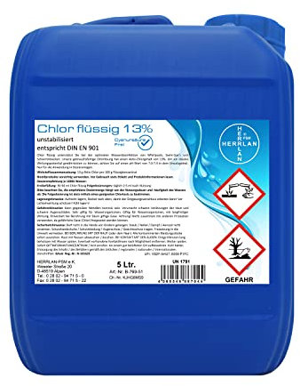 HERRLAN® Chlor flüssig 13% – 5 Liter Gebinde - Unstabilisiert & frei von Cyanursäure - Profi-Wasserdesinfektion für Pool, SwimSpa & Whirlpool - Made in Germany