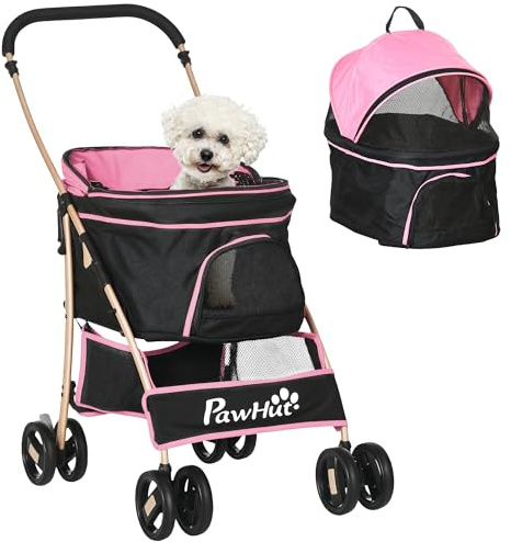 PawHut Carrito para Perros Plegable 3 en 1 Cochecito para Mascotas Carrito para Perros Pequeños con Vagón Desmontable Cesta de Almacenaje Correas de Seguridad y Cojín Carga 15 kg Rosa