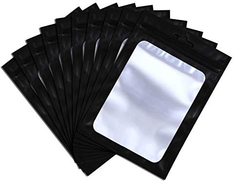 XFXIA 100 sacchetti in Mylar da 12 x 20 cm, richiudibili, a prova di odore, con chiusura lampo e finestra trasparente, sacchetti in alluminio per caramelle, cibo, lucidalabbra, piatti, carini, neri