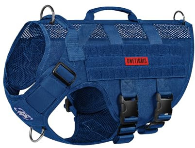 OneTigris Hundegeschirr Mittelgroße Hunde, AIRE MESH Taktisches Anti Zug Geschirr mit 2 Griff Verstellbar Brustgeschirr No Pull Dog Harness Atmungsaktiv Blau M